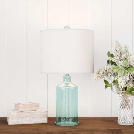 Blue Glass Lamp Open Base Table Light, LED Bulb and Shade-Modern Decorative Lighting for Coastal
